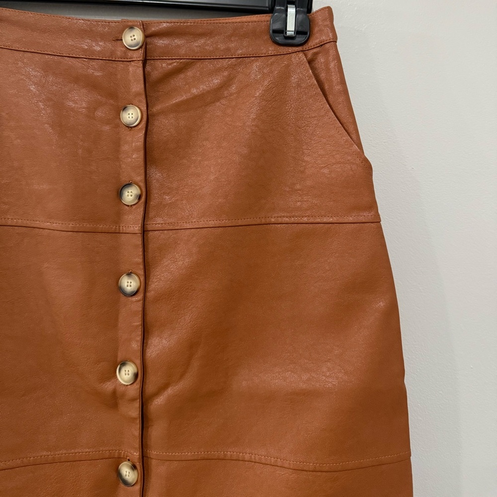Women’s Button-Front A-Line Faux Leather Skirt - Brown - Picture 2 of 7